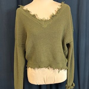 Forever 21 Olive Frayed V-Neck Sweater
